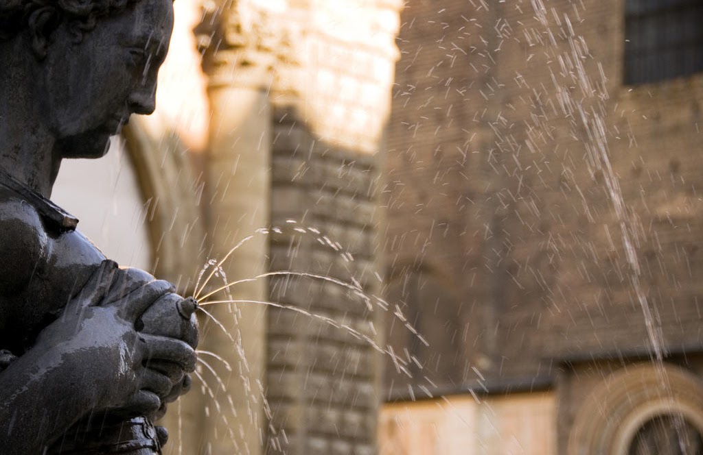 The Neptune fountain in Bologna, water spraying from the statue’s hand against brick.